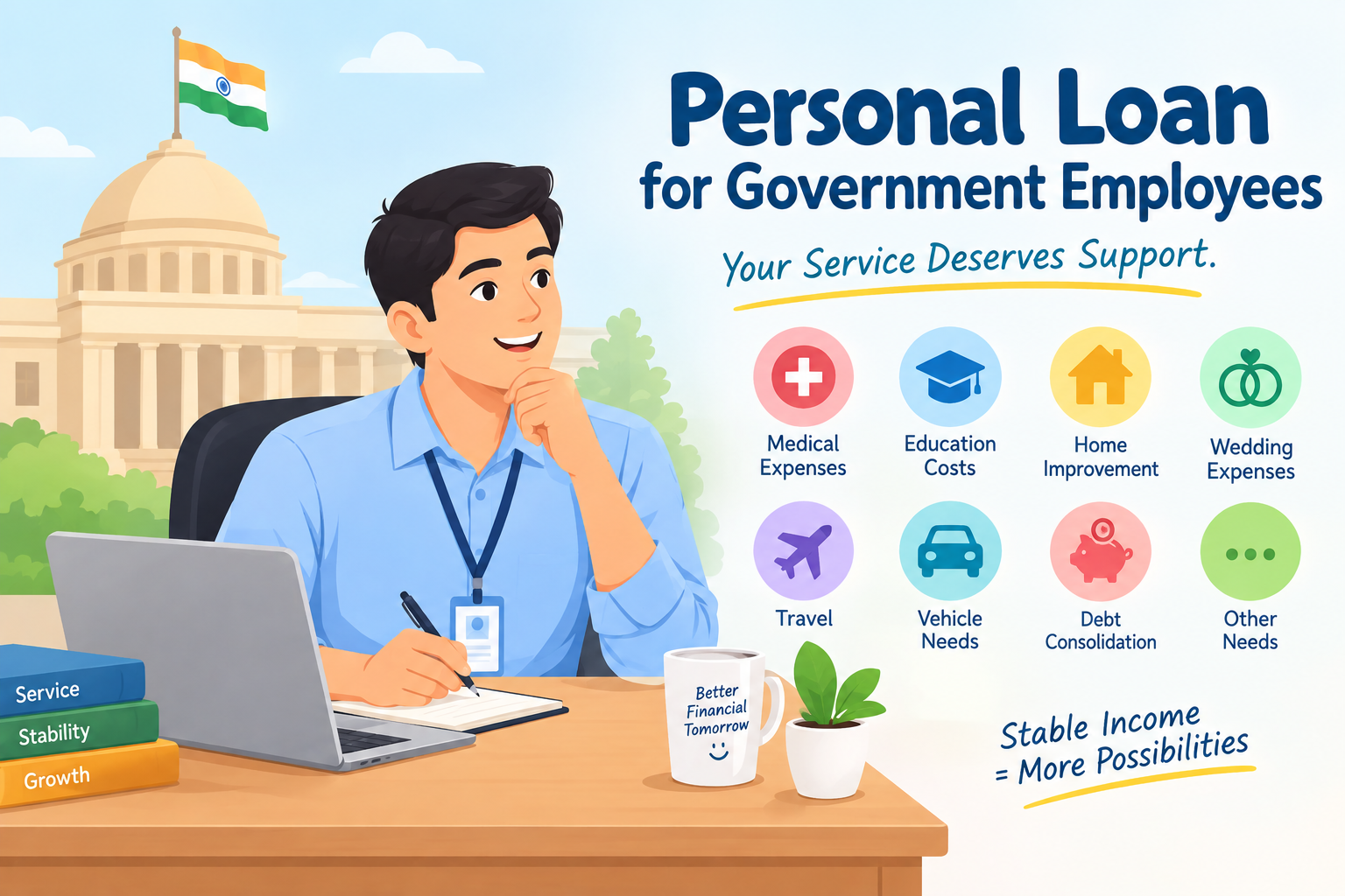Personal loan for government employees showing a government employee at a desk with icons representing medical expenses, education, home improvement, wedding, travel, vehicle needs, and debt consolidation.
